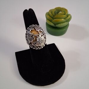Carolyn Pollack sz 7 Sterling Silver Yellow Jasper Concha Floral Rope Ring